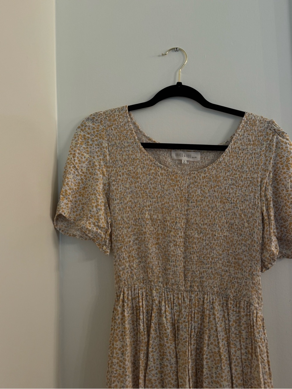 Smocked Floral Midi Dress in Yellow Cream